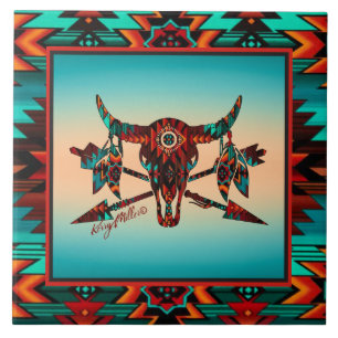 Cerâmica Azulejo De Búfalo - Crânio E Setas