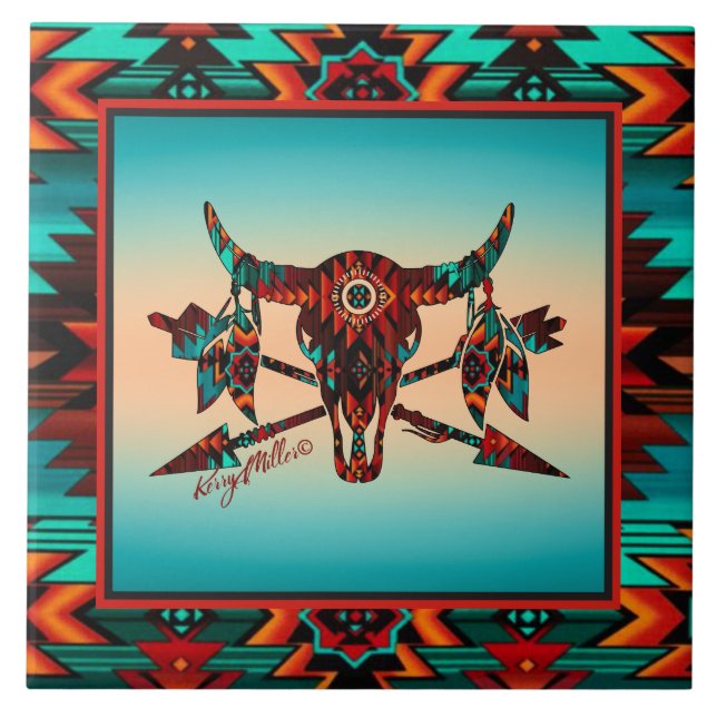 Cerâmica Azulejo De Búfalo - Crânio E Setas (Frente)