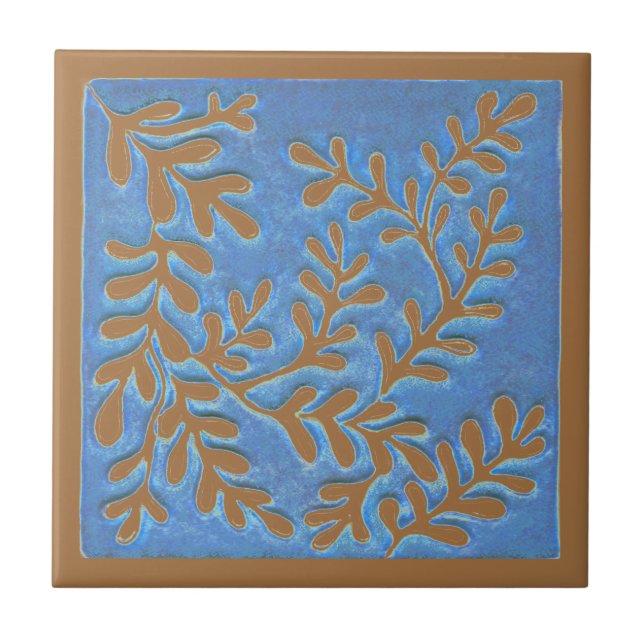 Cerâmica Azulejo de cerâmica, folhas azuis e de cobre (Frente)