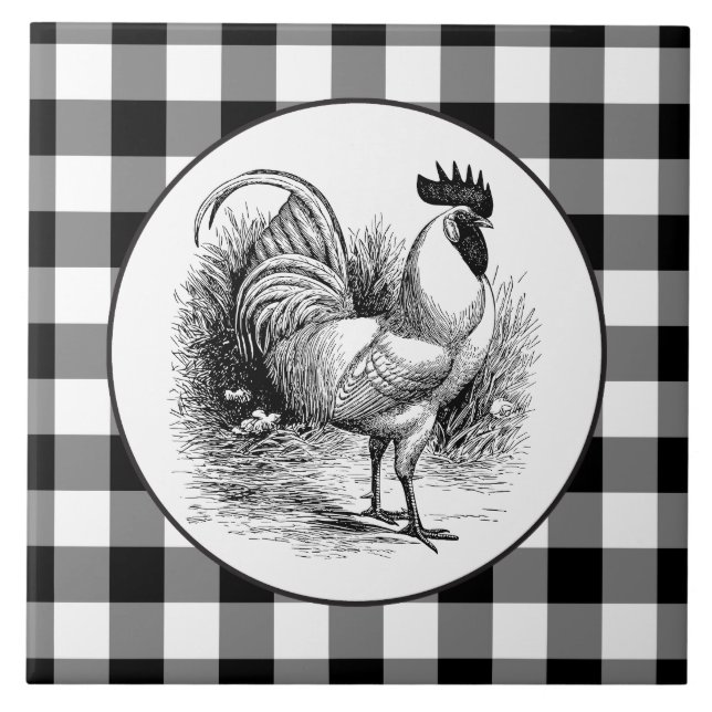 Cerâmica Azulejo de cheques preto-branco do Country Rooster (Frente)