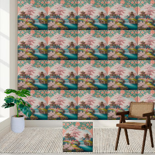 Cerâmica Azulejo de Chinoiserie Pagoda Japonês e Cherry Blo