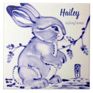 Cerâmica Azulejo de coelhinho branco e azul doce personaliz