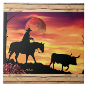 Cerâmica Azulejo De Cowboy E Longhorn Steer