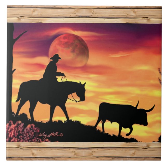 Cerâmica Azulejo De Cowboy E Longhorn Steer (Frente)