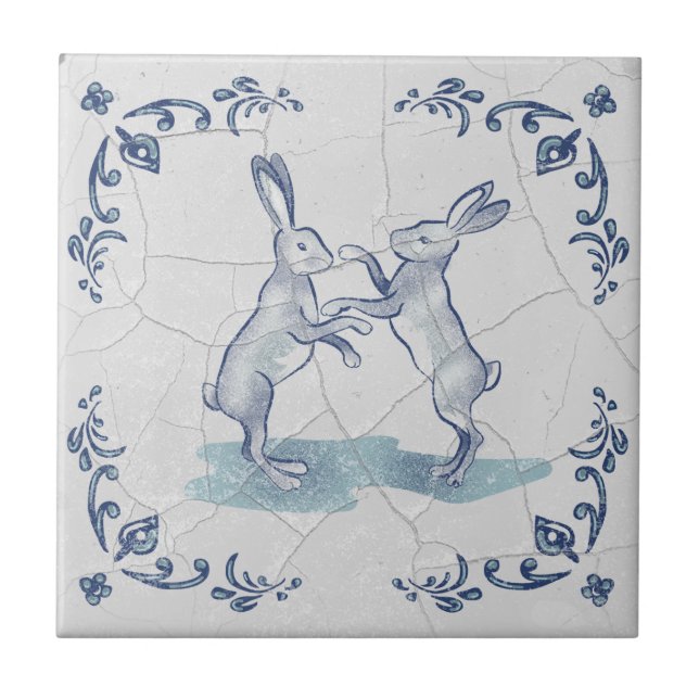 Cerâmica Azulejo de Delft com Coelhos Lutando (Frente)