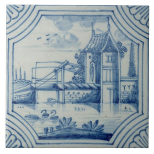 Cerâmica Azulejo de Delft que mostra um drawbridge sobre um