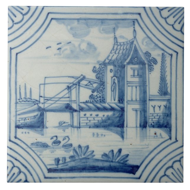 Cerâmica Azulejo de Delft que mostra um drawbridge sobre um (Frente)