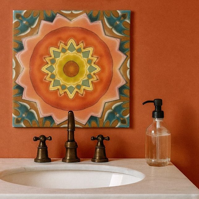 Cerâmica Azulejo de Design Geométrico do Terra Cotta (Geometric abstract design tile in warm terra cotta and green earth colors. For kitchen or bathroom)