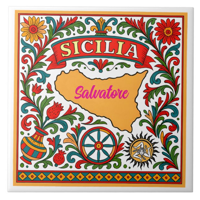Cerâmica Azulejo de Design Siciliano Sicilia (personalize c (Frente)
