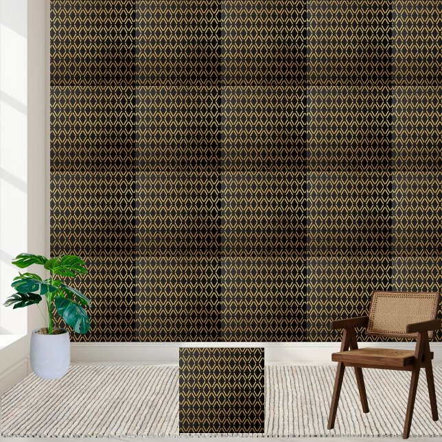 Cerâmica Azulejo de Diamante Geométrico Preto e Dourado (Black and Gold Geometric Diamond Tile)