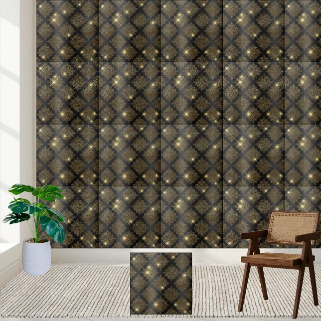 Cerâmica Azulejo de diamante preto e Dourado (Black and Gold Diamond Tile)