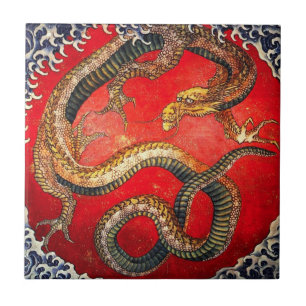 Cerâmica Azulejo de Dragão Japonês Dourado Hokusai