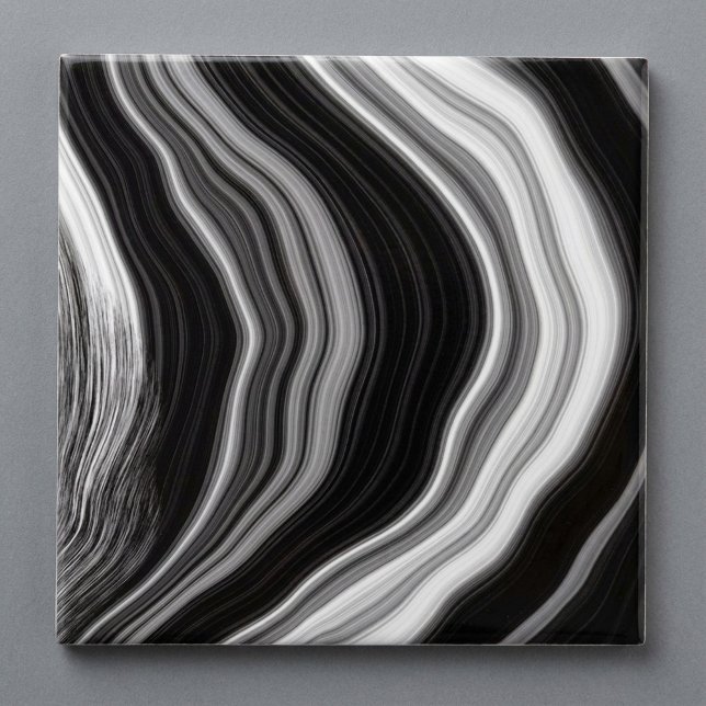 Cerâmica Azulejo de efeito agitado de mármore preto-branco (Black and white marble agate effect tile.)