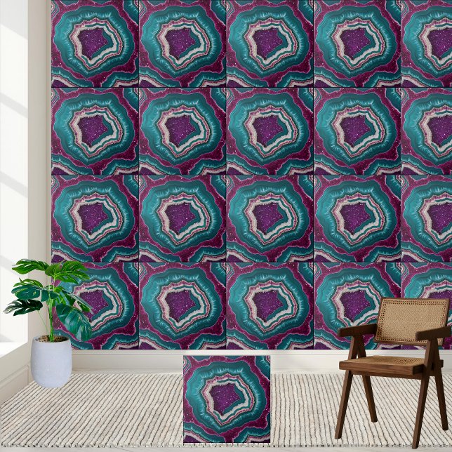 Cerâmica Azulejo de Fatia de Geodo Roxo e Teal (Purple and Teal Geode Slice Tile)