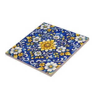Cerâmica Azulejo de Festa Floral de Cobalto