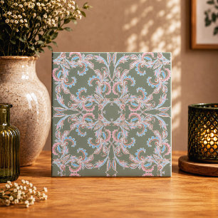 Cerâmica Azulejo de Filigrana Floral Ornata em Verde Ardósi