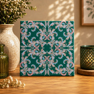 Cerâmica Azulejo de Filigrana Floral Ornata em Verde Caçado