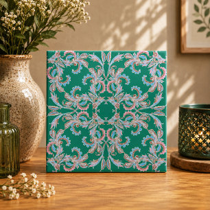 Cerâmica Azulejo de Filigrana Floral Ornata em Verde Esmera