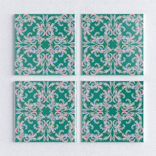 Cerâmica Azulejo de Filigrana Floral Ornata em Verde Esmera