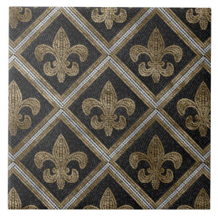 Cerâmica azulejo de fleur-de-lis, preto e dourado