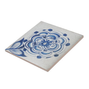 Cerâmica Azulejo de Flor Branca e Azul Vitoriano Repro