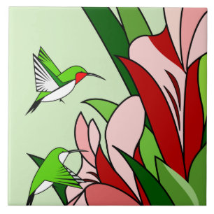 Cerâmica Azulejo de Flor e Beija-flor