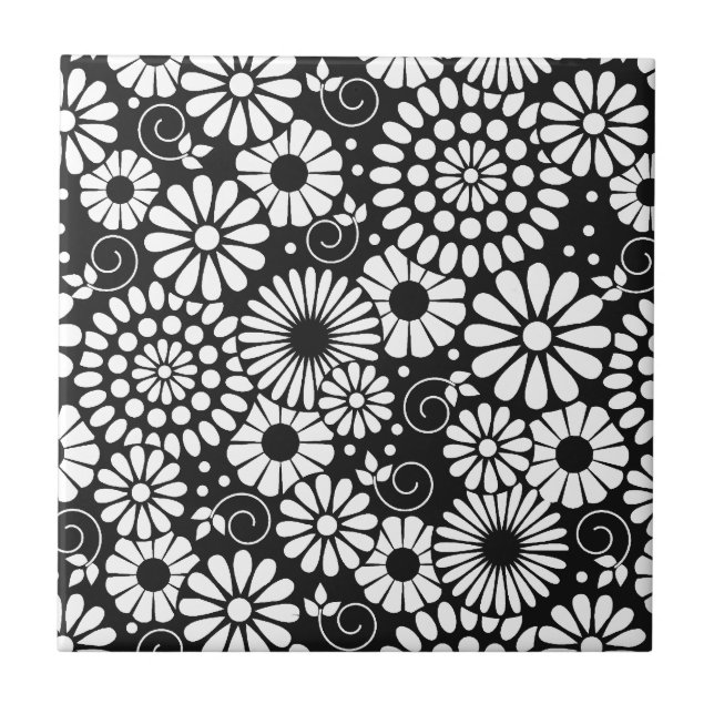 Cerâmica Azulejo de flores brancas-pretas retrô (Frente)