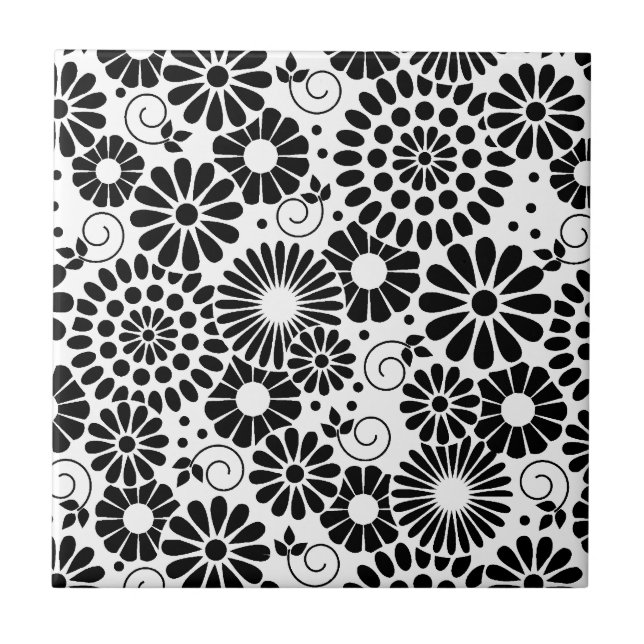 Cerâmica Azulejo de flores brancas-pretas retrô (Frente)