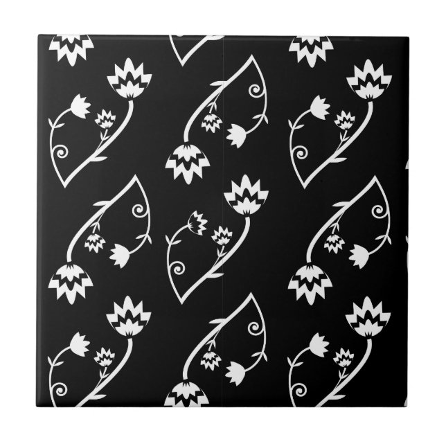 Cerâmica Azulejo de flores brancas-pretas retrô (Frente)