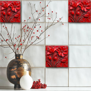 Cerâmica Azulejo de Flores Vermelhas