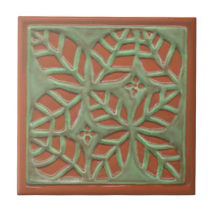 Cerâmica Azulejo de folhas de artesão, verde e ferrugem
