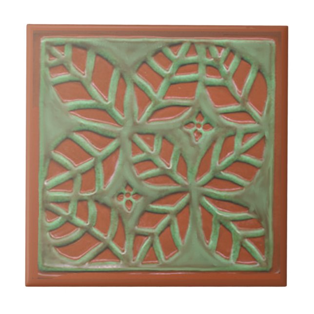 Cerâmica Azulejo de folhas de artesão, verde e ferrugem (Frente)