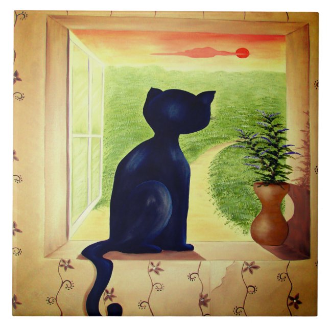 Cerâmica azulejo de gato preto (Frente)