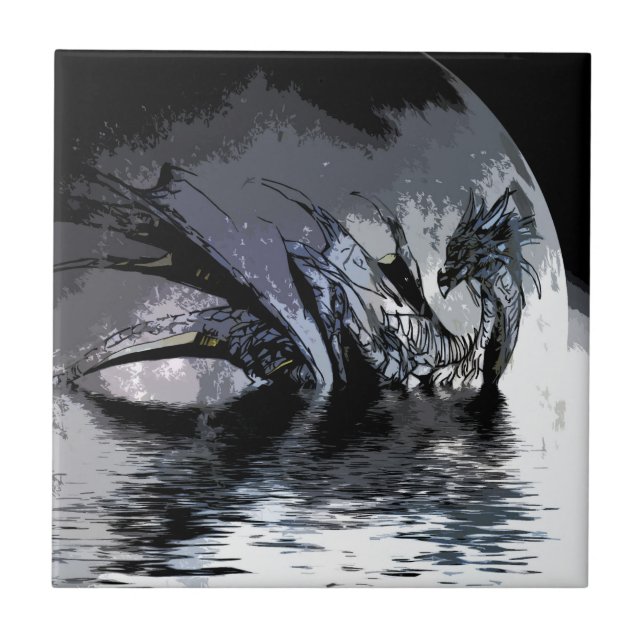 Cerâmica Azulejo de Ilustração de Dragão Azul e Lua (Frente)