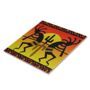 Cerâmica Azulejo de Kokopelli do sudoeste do cacto de Sun