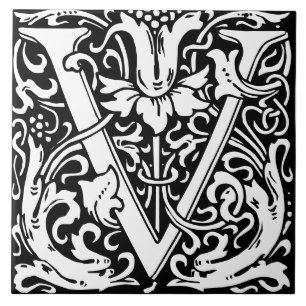 Cerâmica Azulejo de Letra Monograma Alfabeto Floral V