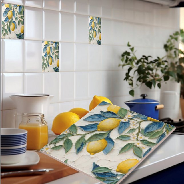 Cerâmica Azulejo de Limão com Aparência Pintada à Mão - Fav (Hand Painted Look Lemons and Leaves with Blossoms - Ceramic Tile - Bridal Shower Favor)