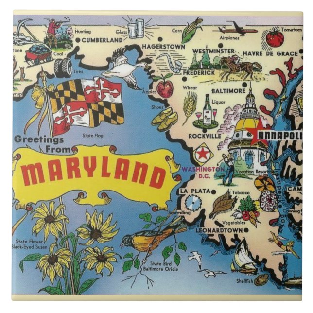 Cerâmica Azulejo de mapa vintage de Maryland (Frente)
