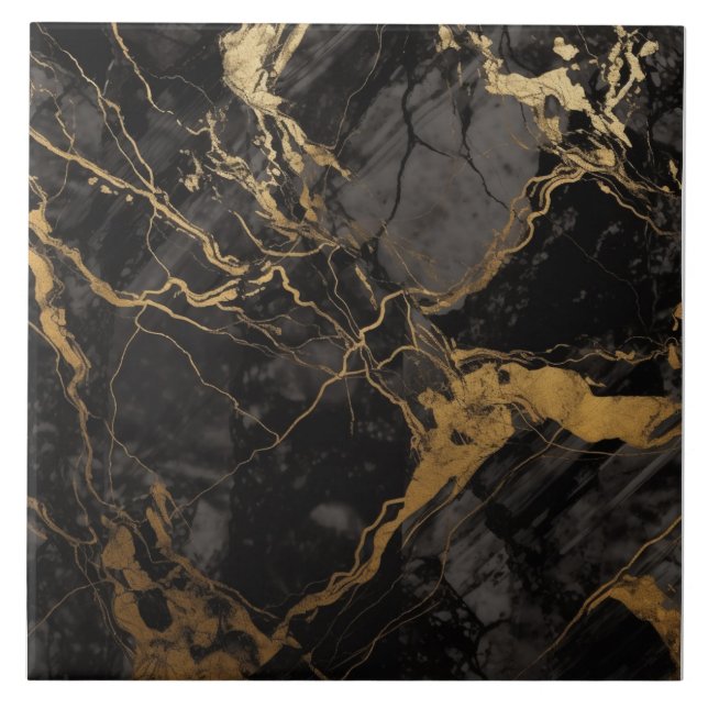 Cerâmica Azulejo de Mármore Preto Sofisticado Dourado (Frente)