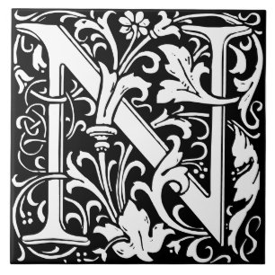 Cerâmica Azulejo de Monograma de Letra N de Alfabeto Floral