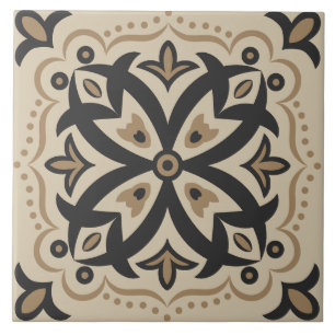 Cerâmica Azulejo de Motivo Floral Marroquino Preto e Dourad