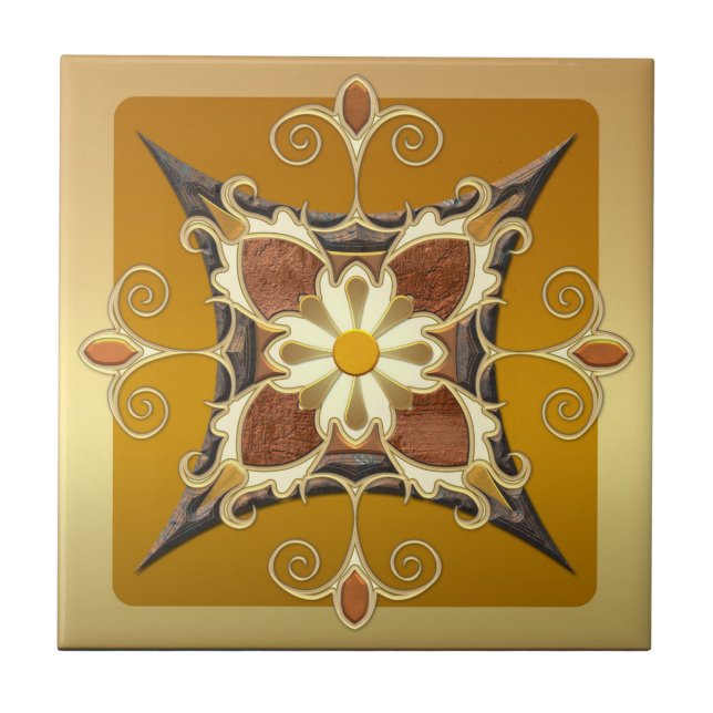 Cerâmica Azulejo de Ocher Geométrico Dourado Elegante (Frente)