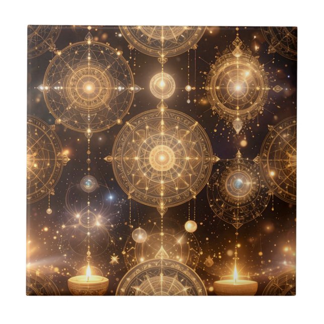 Cerâmica Azulejo de Padrão Celestial Dourado Místico (Frente)