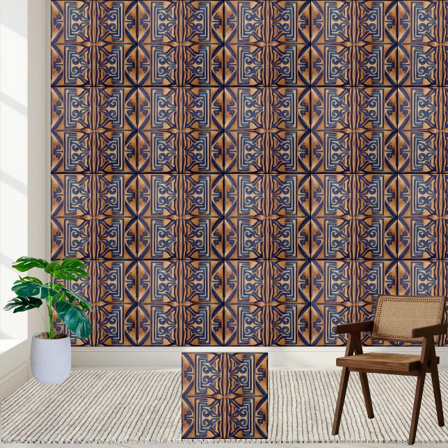 Cerâmica Azulejo de padrão-chave grego clássico azul e Dour (Classic Rich Blue and Gold Greek Key Pattern Tile)