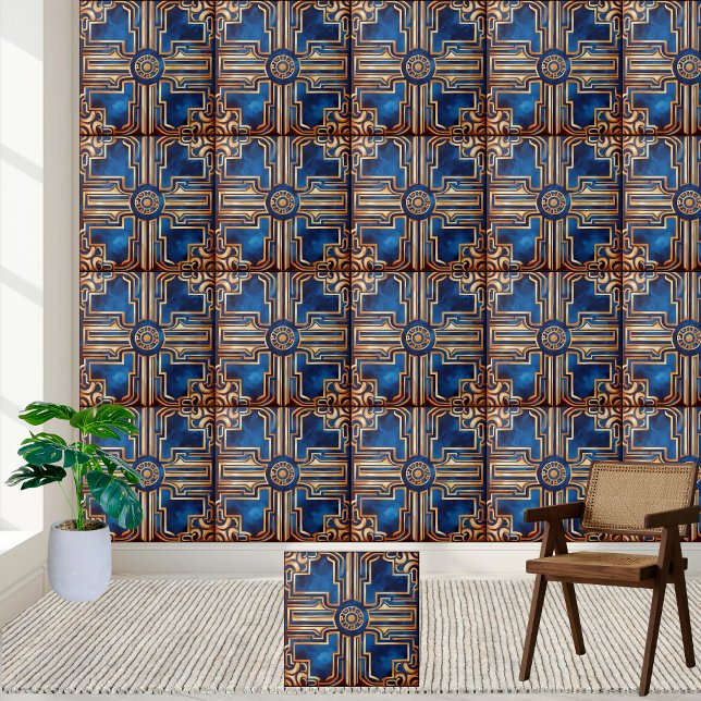 Cerâmica Azulejo de Padrão de Chave Grega do ouro (Golden Blue Greek Key Pattern Tile)