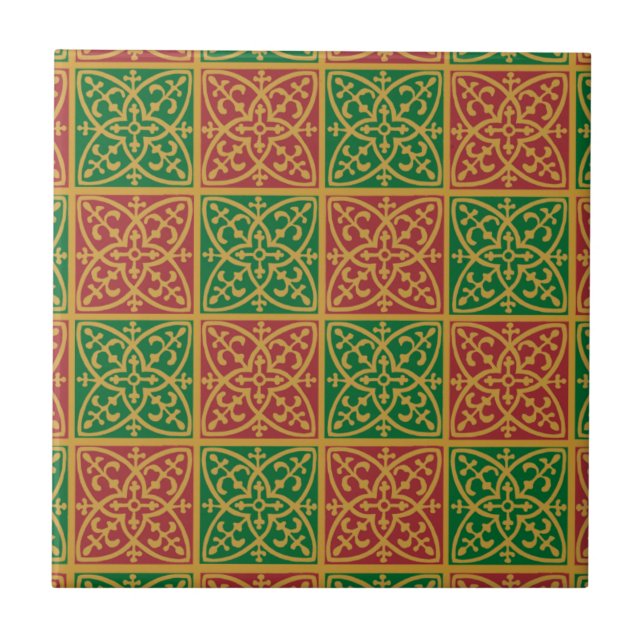 Cerâmica Azulejo de Padrão de Feriado Verde Vermelho (Frente)