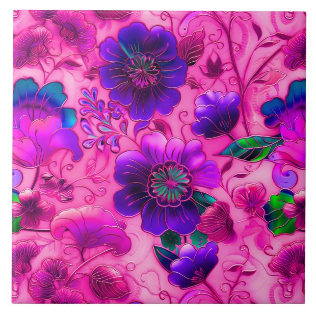 Cerâmica Azulejo de padrão floral roxo de Cloisonne rosa (Frente)