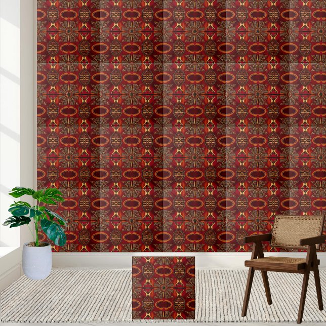 Cerâmica Azulejo de padrão inspirado africano vermelho e Do (Red and Gold African Inspired Pattern Tile Decor)