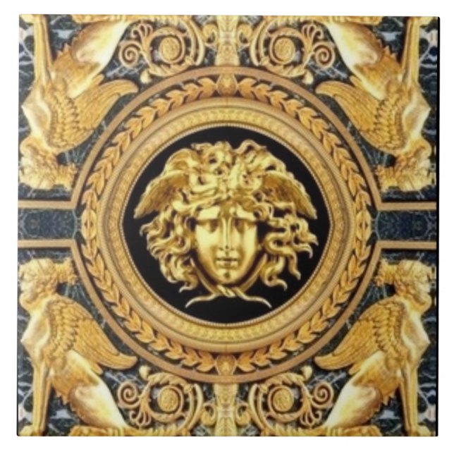 Cerâmica Azulejo de parede Medusa Dourada e Esfinges (Frente)