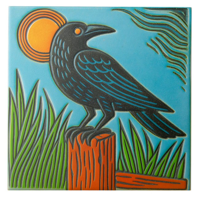 Cerâmica Azulejo de Pássaro Corvo Preto (Frente)
